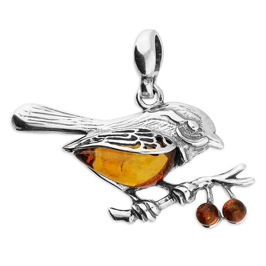 Cognac Amber Robin Pendant on a Branch With Chain Solid Sterling Silver 925