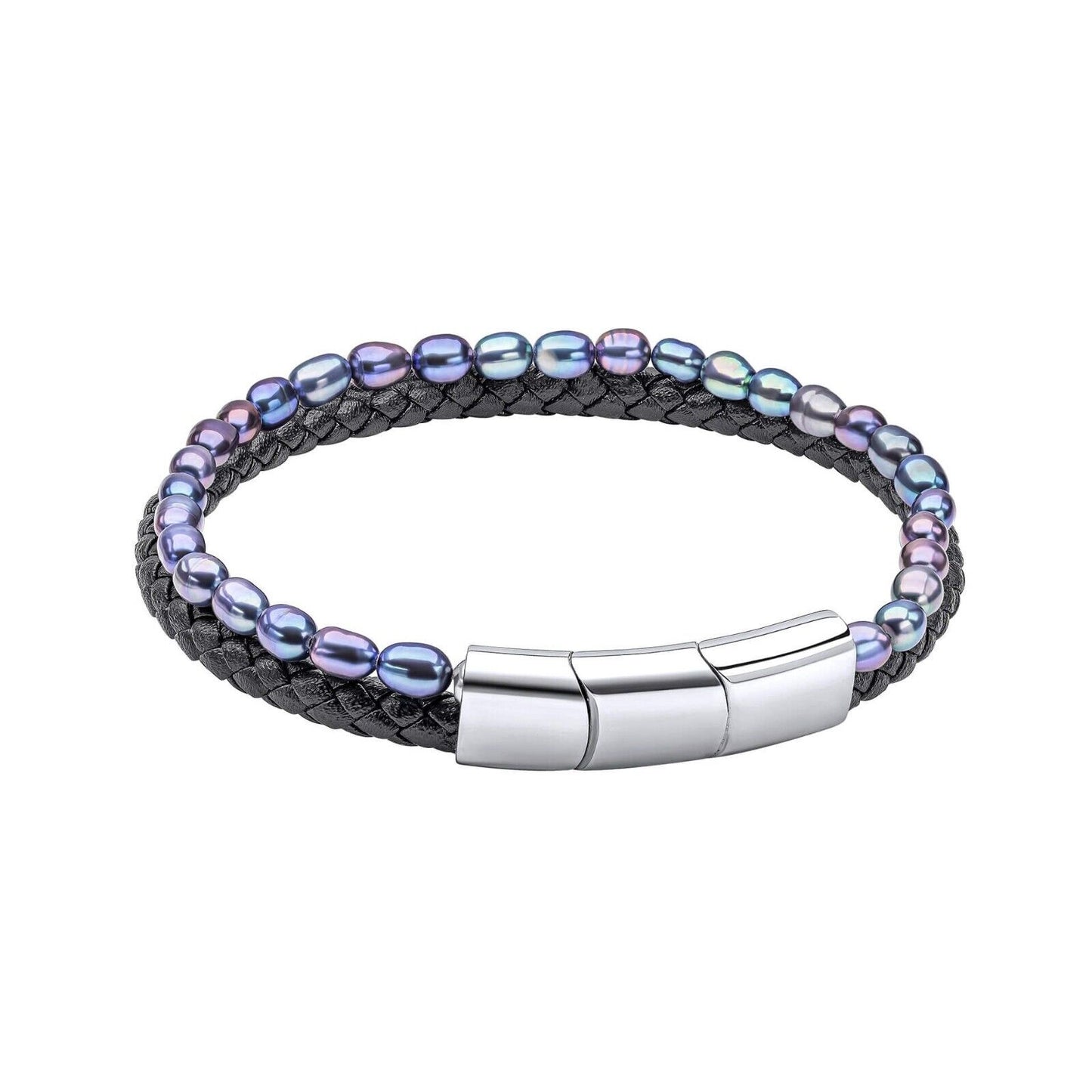 Fred Bennett Peacock Freshwater Pearl and Black Leather Bracelet 23cm B5453