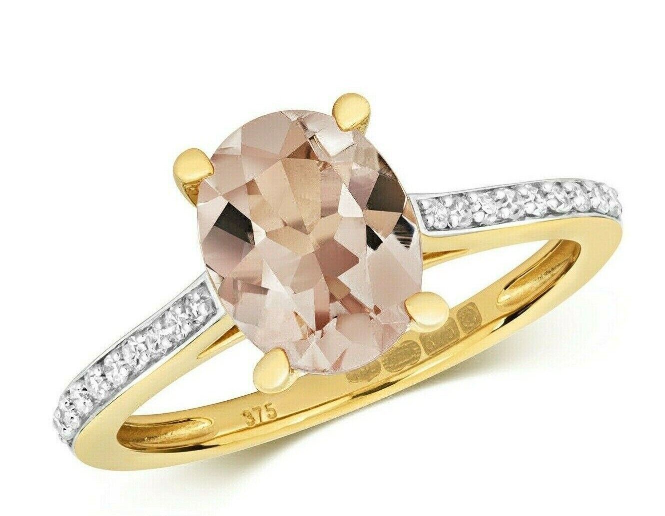 Real Morganite and Diamond Ring 9ct Yellow Gold Oval Solitaire Size J -Q