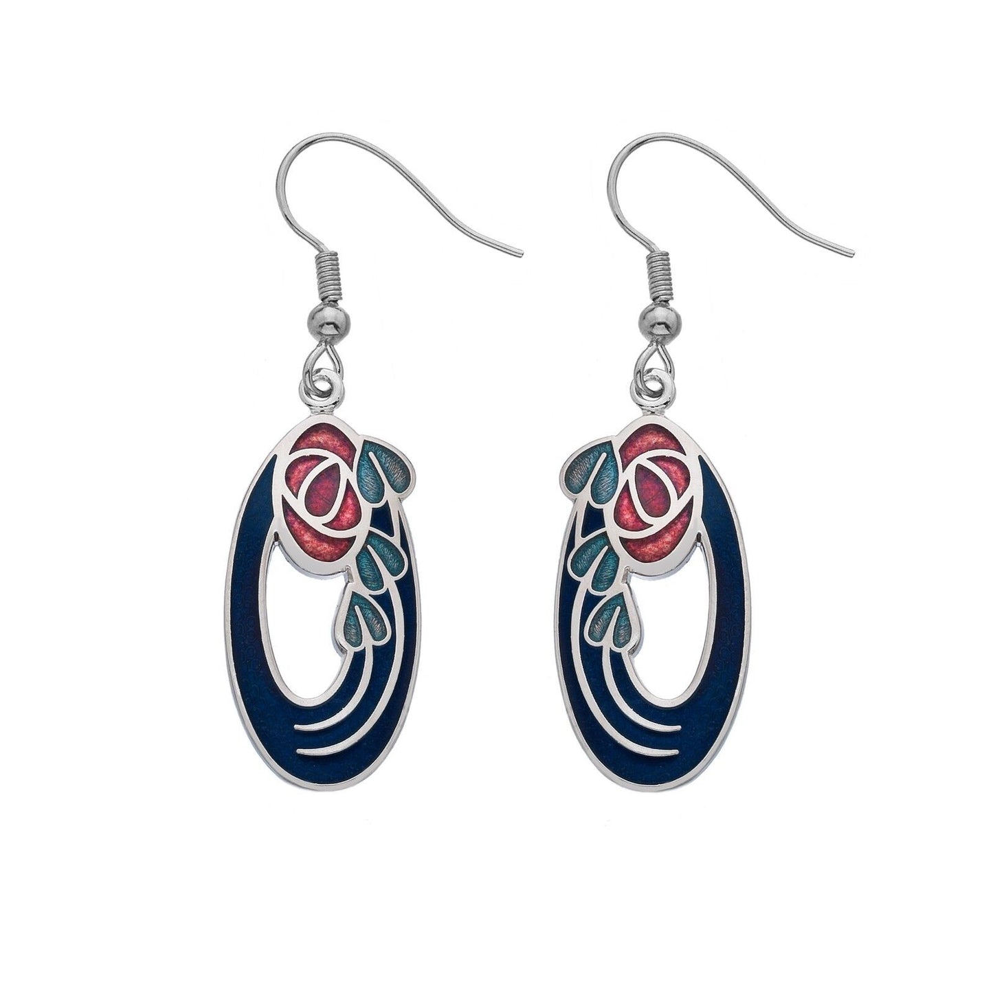 Mackintosh Rose and Leaf Drop Earrings Oval Silver Plated Branded Packaging