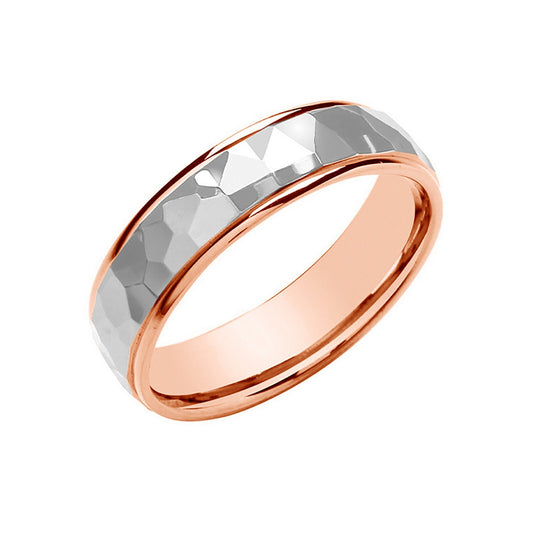 6mm Court Wedding Band Two Colour Hammered Polished Finish 9ct Rose & White Gold
