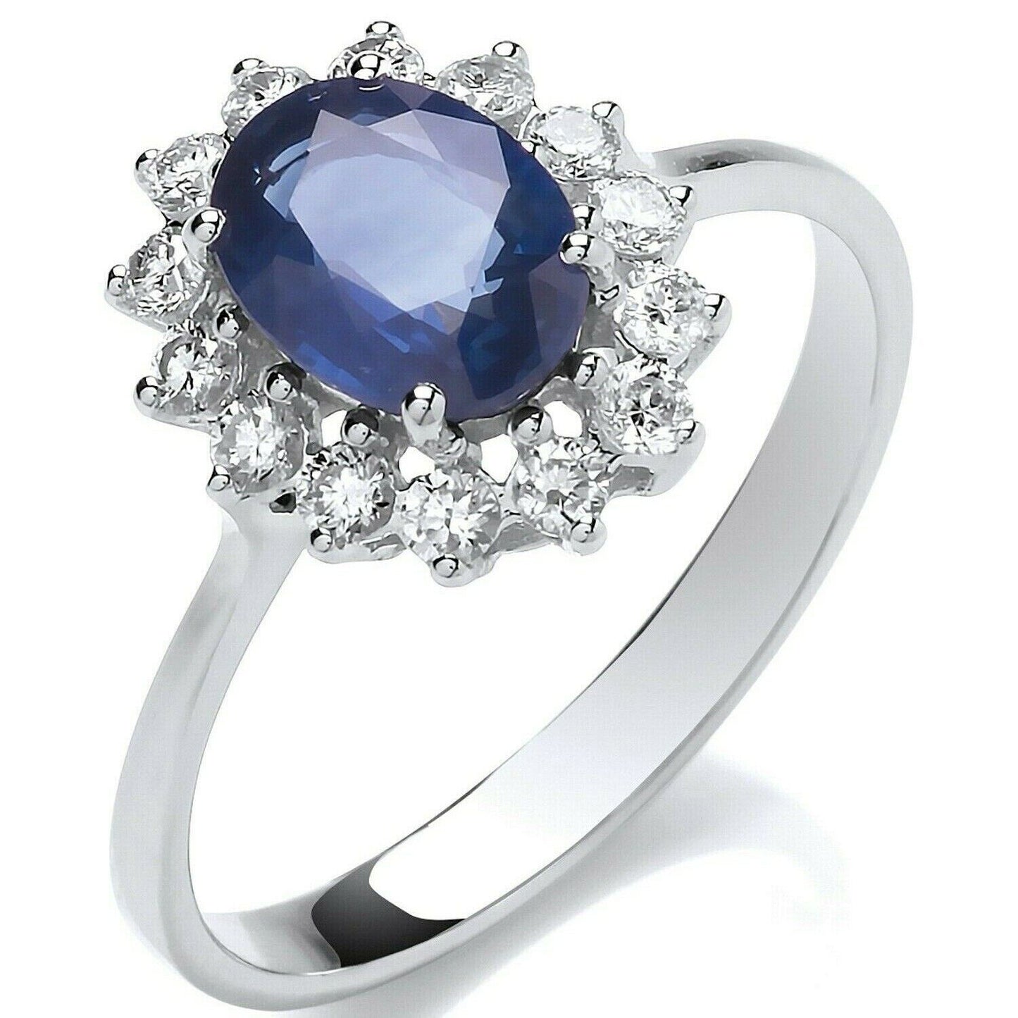 Real Sapphire and Diamond Ring 18ct White Gold Oval Cluster 1.75 Carat Weight