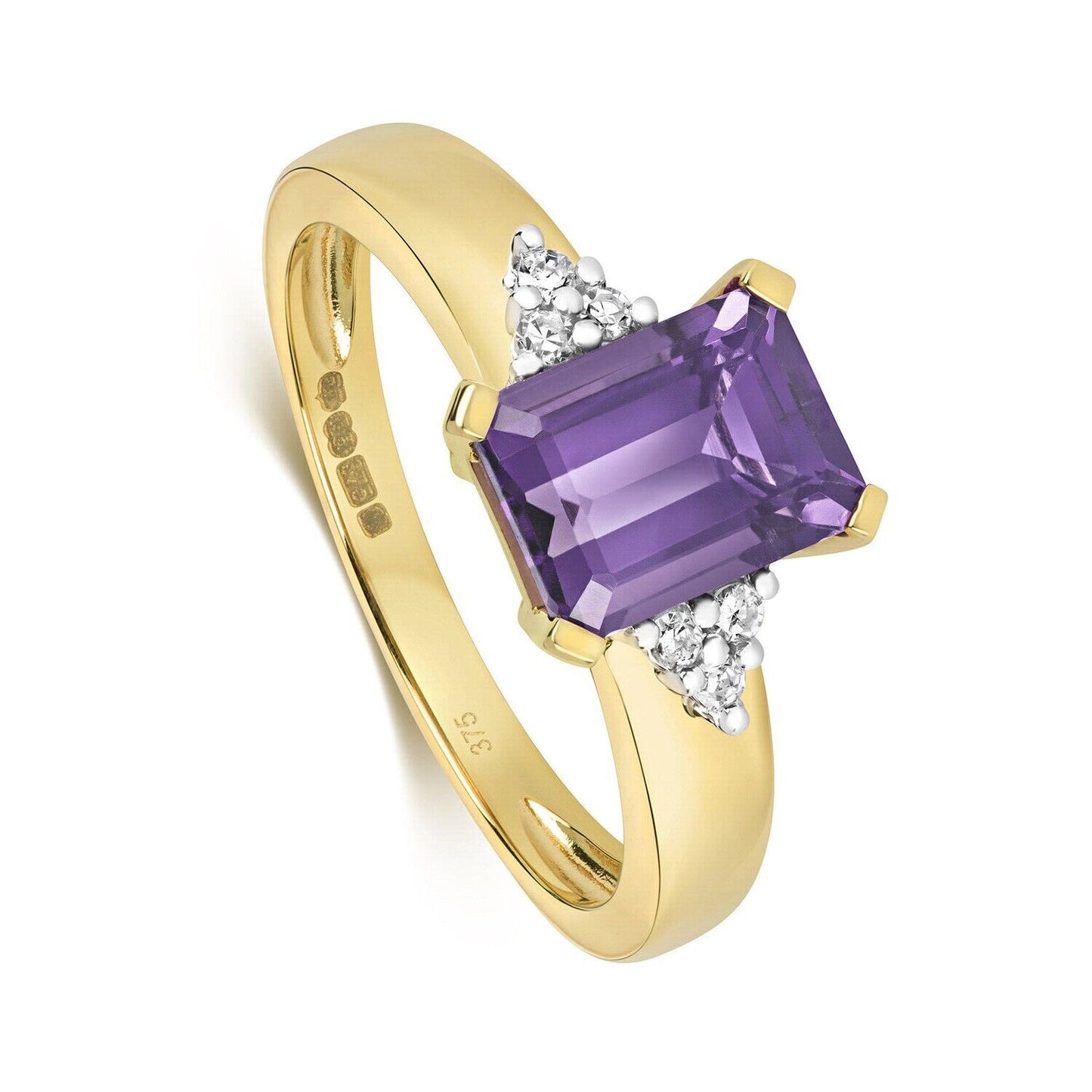 9ct Yellow Gold Amethyst and Diamond Ring 9x6mm Emerald Cut Solitaire Size J - Q