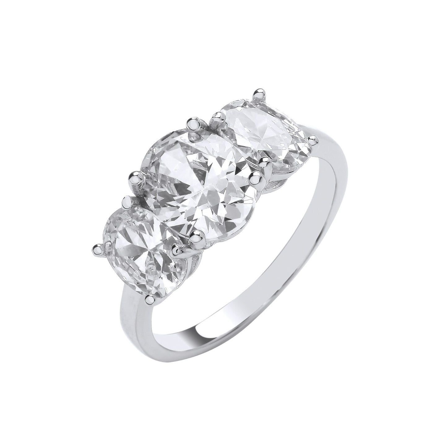 Solid Silver Oval Zircon Trilogy Ring Sizes J-Q British Made Silver 925 Hallmark