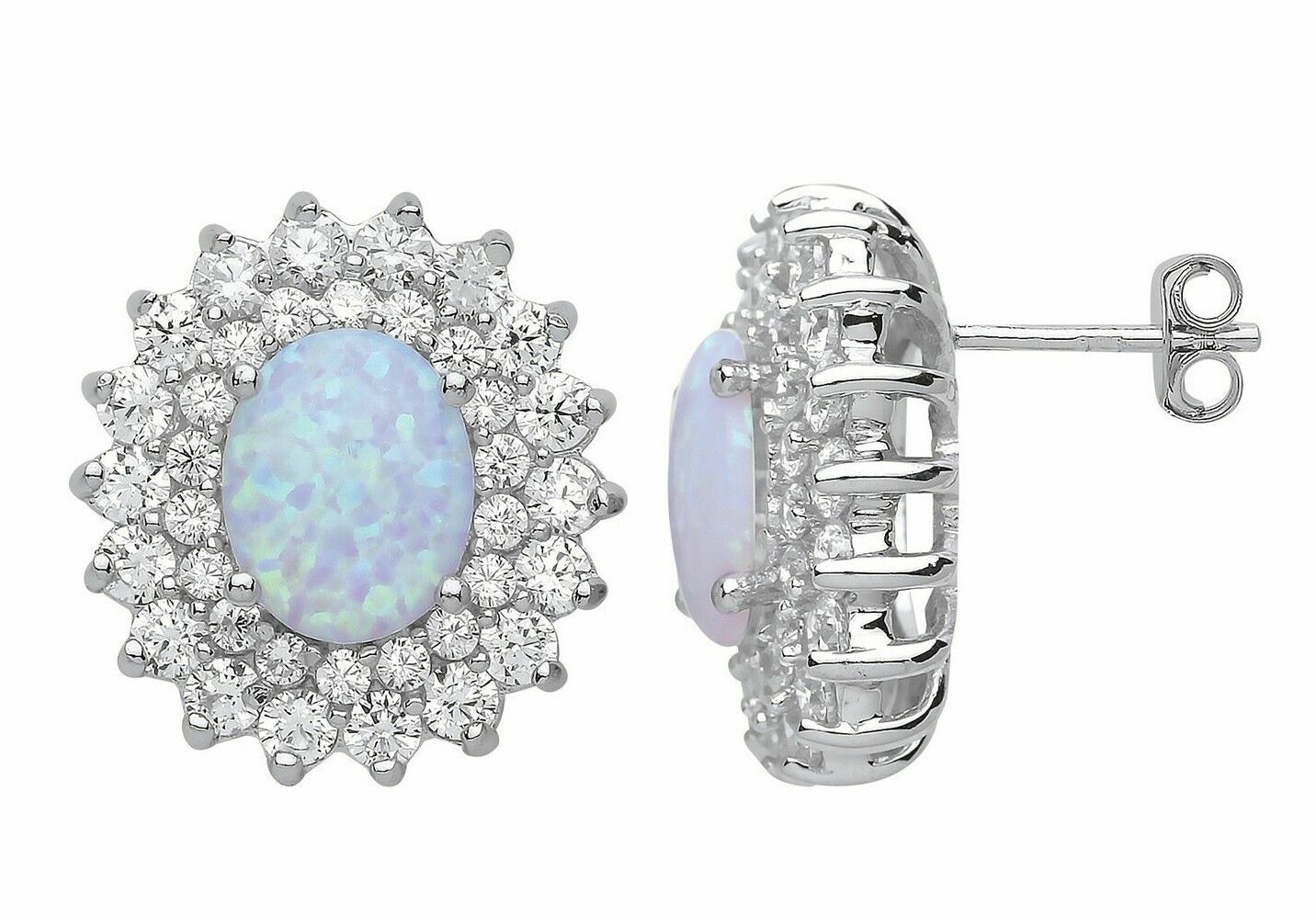 Huge Opal Stud Earrings Solid Sterling Silver Rhodium Plated 925 Hallmark