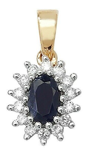 Sapphire and Diamond Oval Cluster Pendant Solid 9ct Yellow Gold Real Stones
