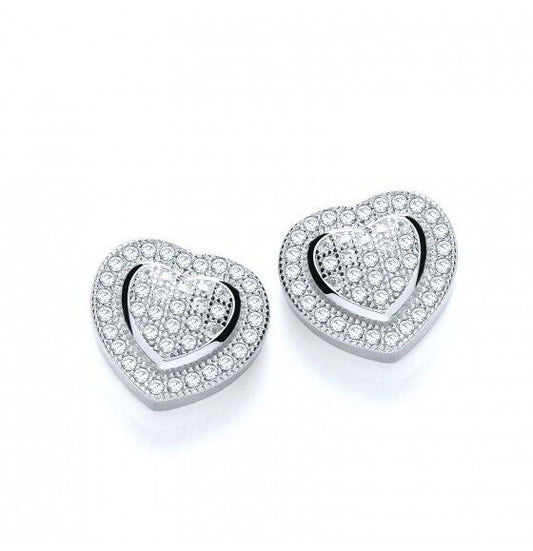 Micro Pave Heart Stud Earrings Solid Sterling Silver 925 Luxurious Packaging