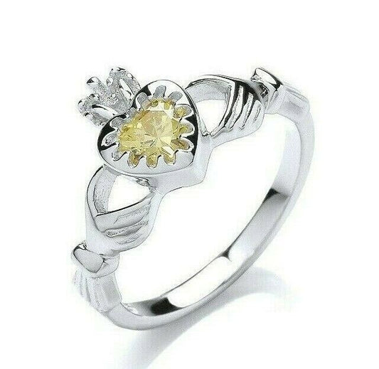 Yellow Topaz Claddagh Ring Sterling Silver Hallmarked Rhodium Finish British