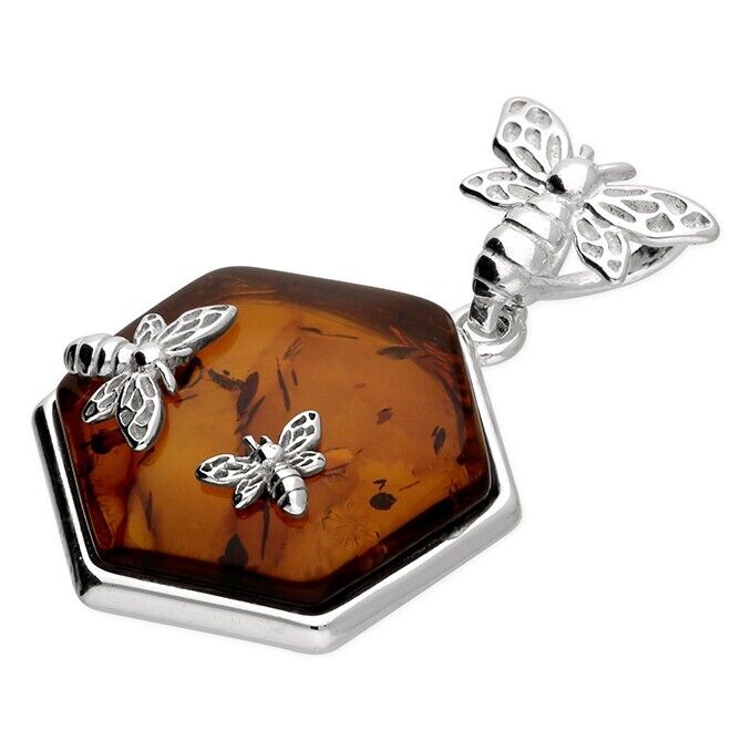 Cognac Baltic Amber Flying Bumble Bee Pendant Necklace 925 Sterling Silver