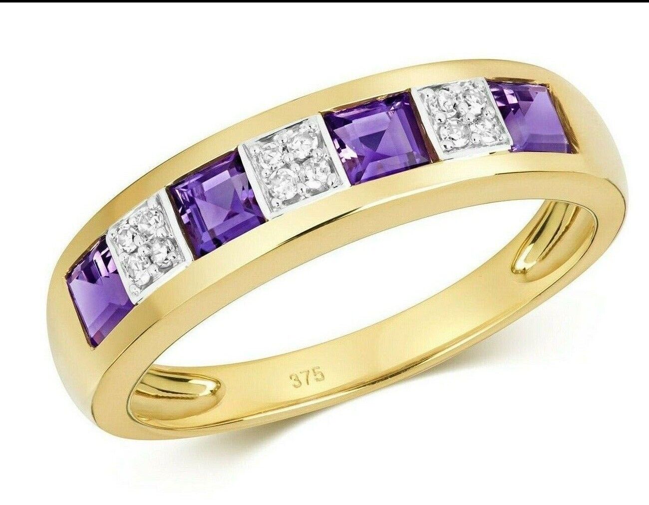 Real Amethyst and Diamond Eternity Ring Solid Yellow Gold Square Princess Band