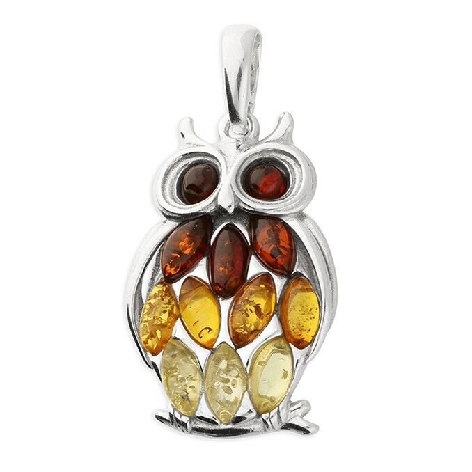Mixed Amber Owl Pendant and Chain Solid Sterling Silver 925