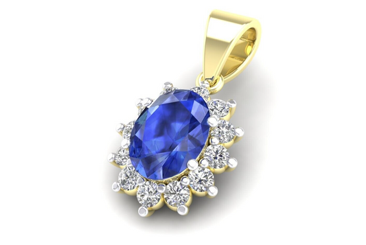 Sapphire Oval Cluster Pendant Solid 9ct Yellow Gold 18" Chain Hallmarked