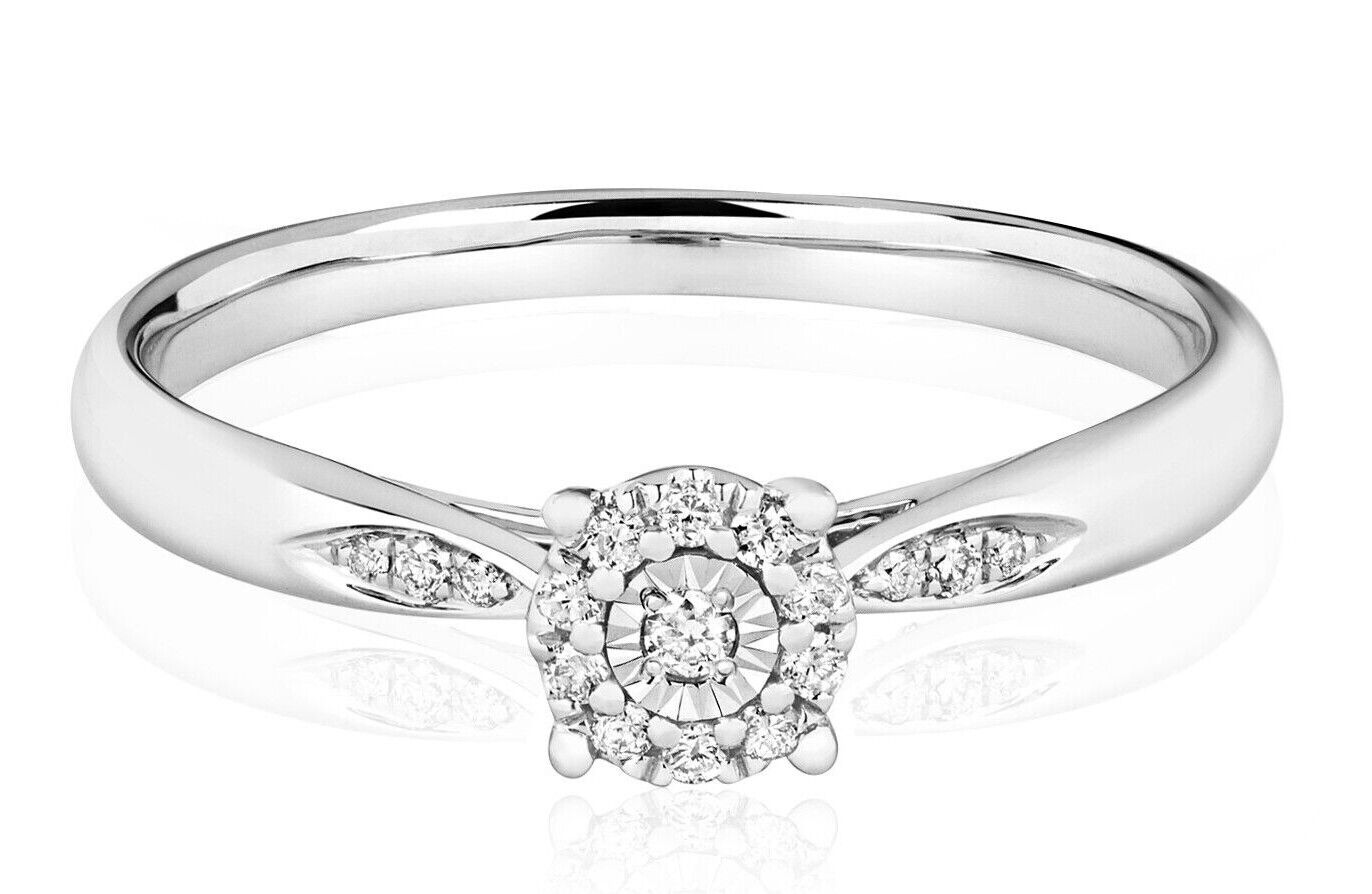 9ct White Gold Real Diamond Ring Illusion Solitaire Engagement