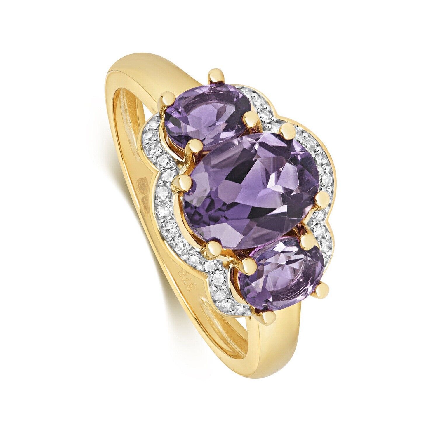 Real Amethyst and Diamond Ring Solid Yellow Gold Three Stone Oval Gems Size J-Q