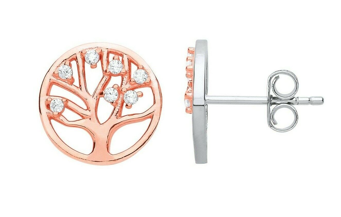 Tree of Life Earrings Sterling Silver Stud Rose Gold Plated 925 Hallmark
