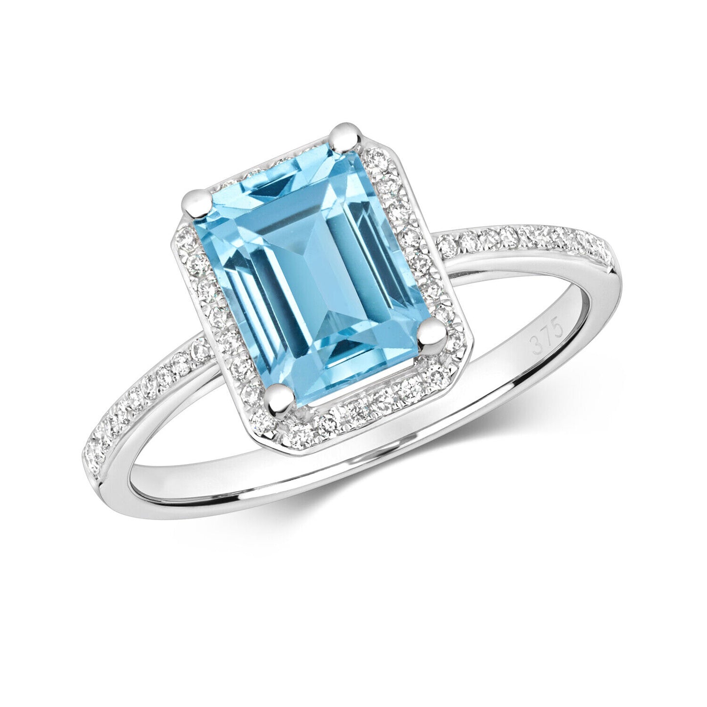 Real Blue Topaz and Diamond Ring 9ct White Gold Emerald Cut Cluster Engagement