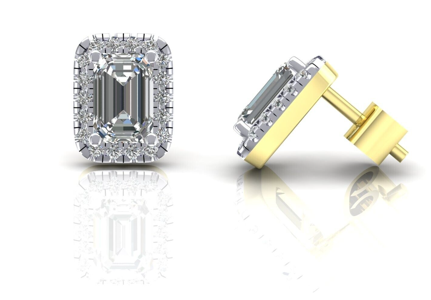 9ct Yellow Gold Zircon Cluster Stud Earrings Emerald Cut Studs Hallmarked