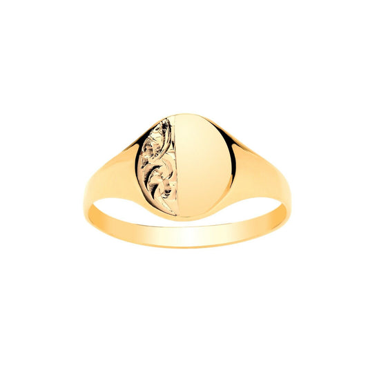 9ct Ladies Engraved Oval Signet Ring Solid Yellow Gold Fully Hallmarked