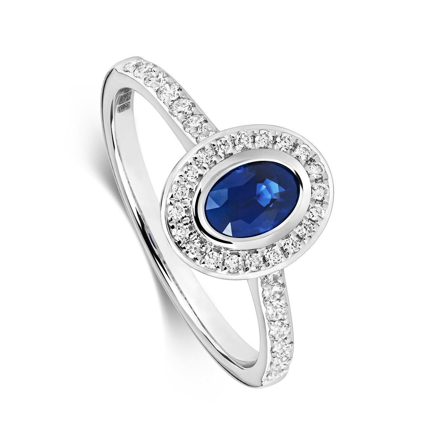 Real Sapphire and Diamond Ring 9ct White Gold Oval Halo Cluster Engagement