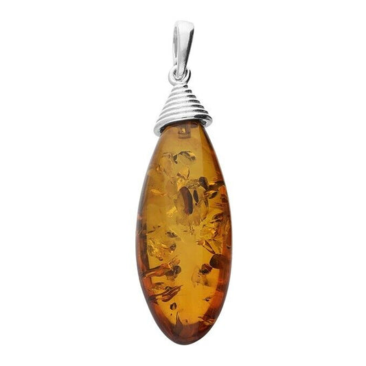 Cognac Amber Lozenge Pendant With Cone Bale and Chain Solid Sterling Silver 925