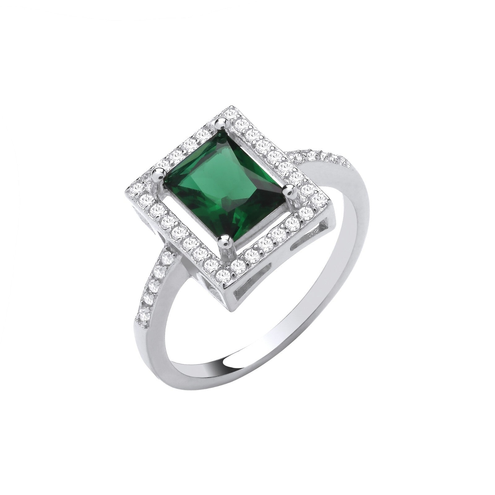 Sterling Silver Emerald Halo Style Ring Sizes J - R British Made 925 Hallmark