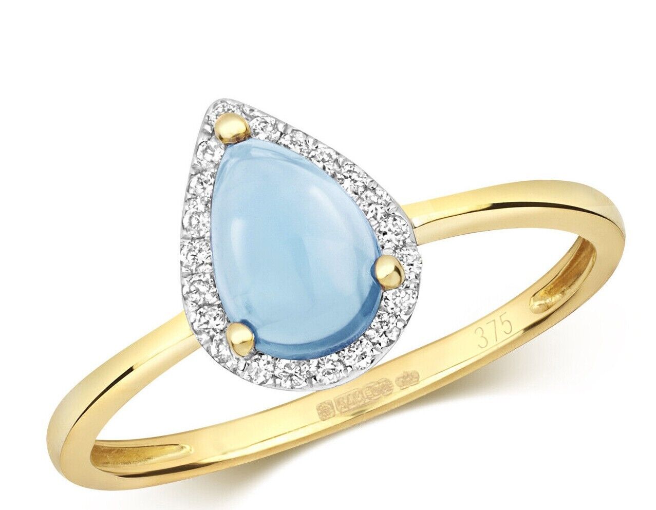 Real Blue Topaz Cabochon and Diamond Ring Solid Yellow Gold Pear Stone Size J-Q