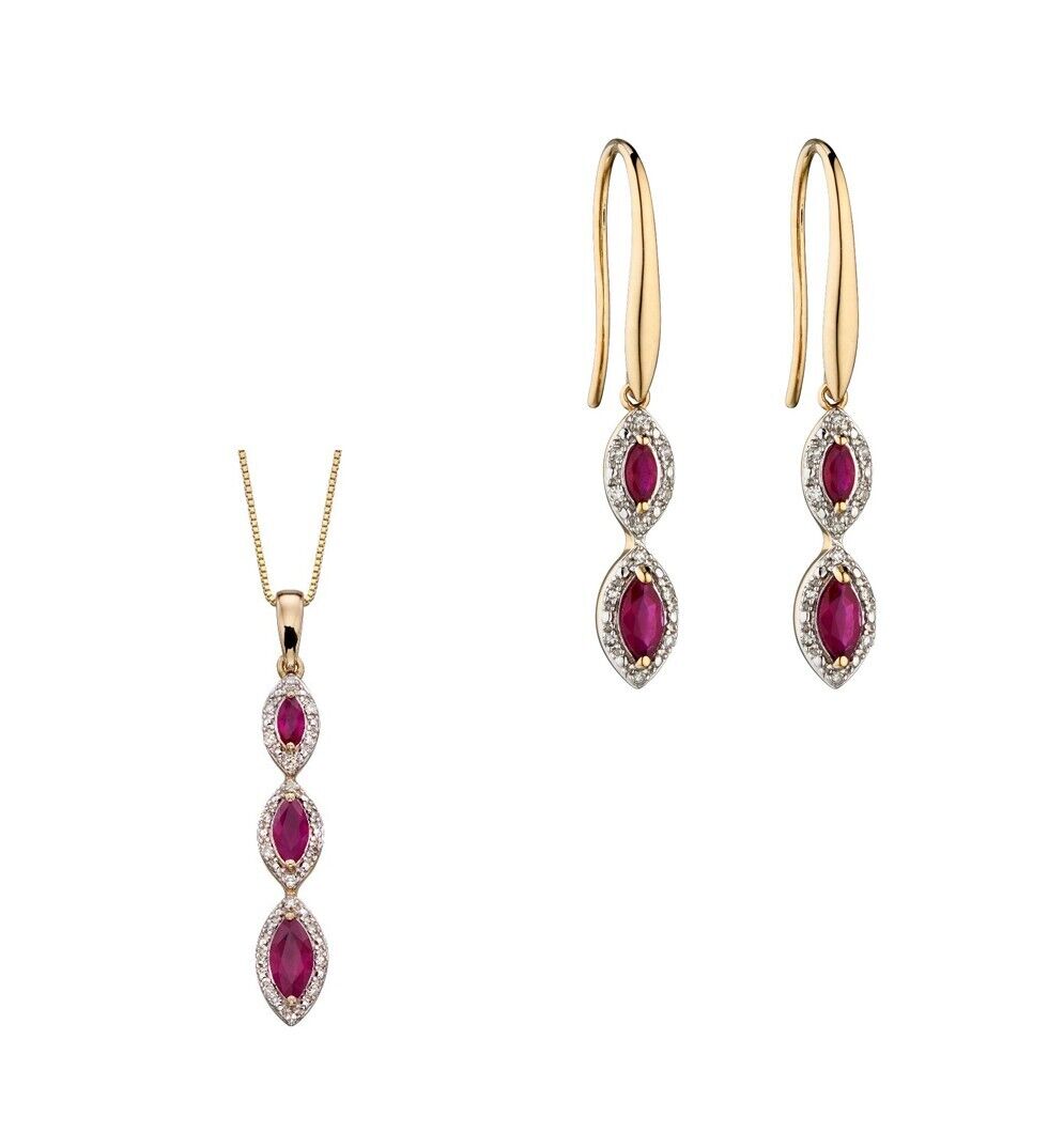 9ct Gold Ruby and Diamond Marquise Pendant and Earrings Set 16 18 or 20" Chain