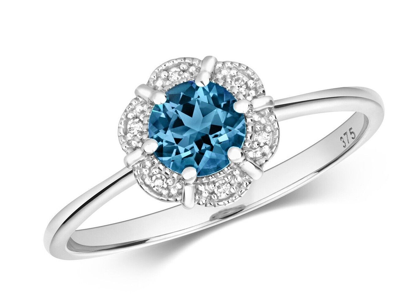 Real London Blue Topaz and Diamond Ring Solid White Gold Round Cluster Size J-Q