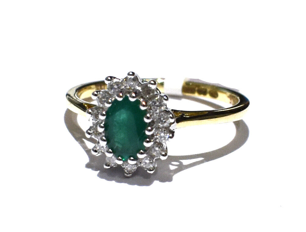 Real Emerald and Diamond Ring 9ct Yellow Gold Oval Cluster Engagement