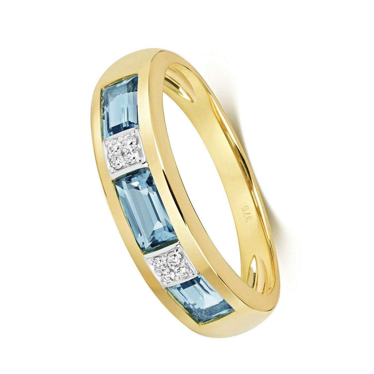 Real Blue Topaz and Diamond Eternity Ring Solid Yellow Gold Emerald Cut Band