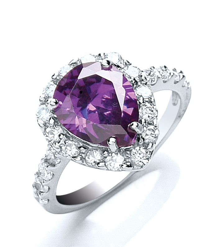 Silver Amethyst Pear Zircon Cluster Ring Sizes J-Q British Made 925 Hallmark