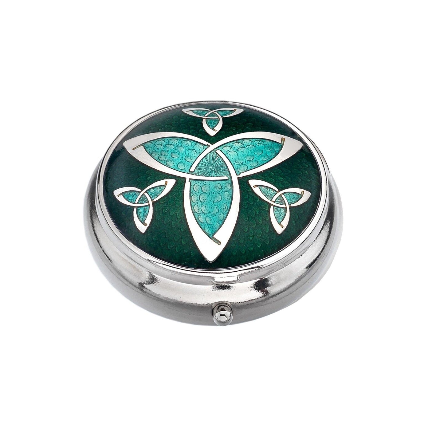 Pillbox Silver Plated Celtic Knot Trinity Green Brand New and Boxed