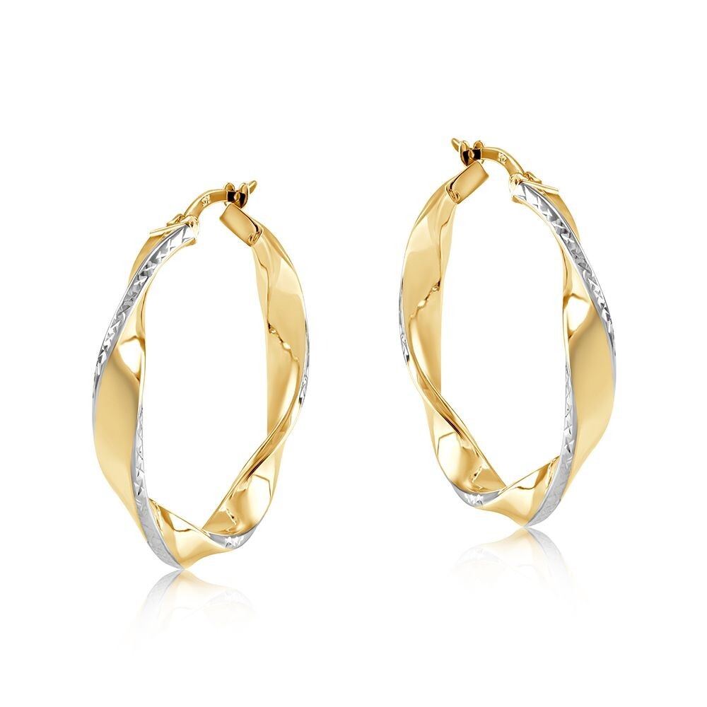 Two Colour Gold Twist Hoop Earrings 28mm Hallmarked Yellow and White Gold Hoops
