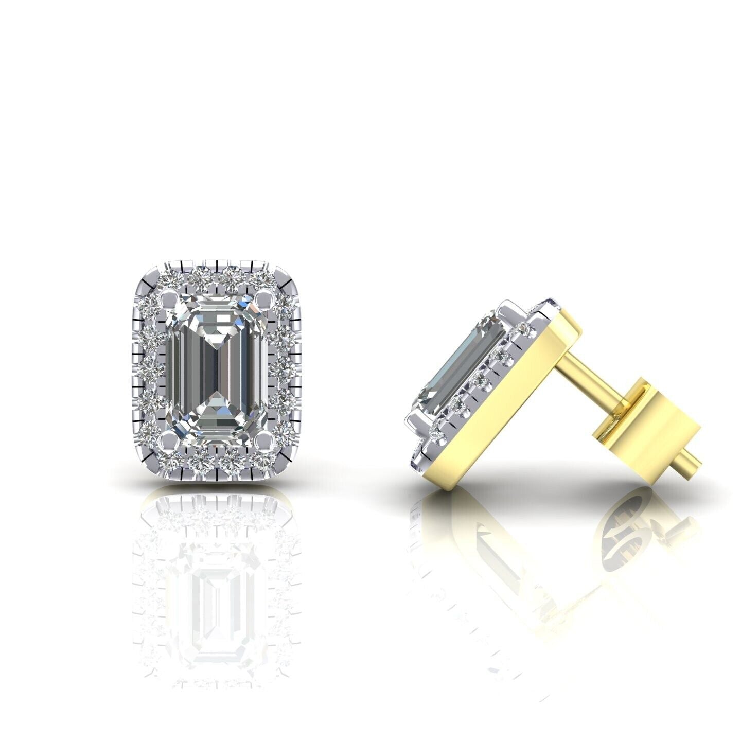 9ct Yellow Gold Zircon Cluster Stud Earrings Emerald Cut Studs Hallmarked
