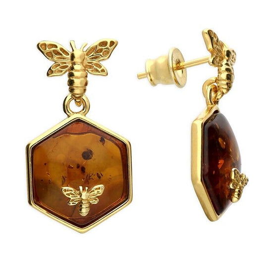 Cognac Amber Flying Bee Drop Earrings 18ct Yellow Gold on Sterling Silver