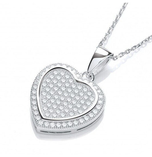 Sterling Silver Micro Pave Heart Pendant 16-18" Chain Luxurious Packaging