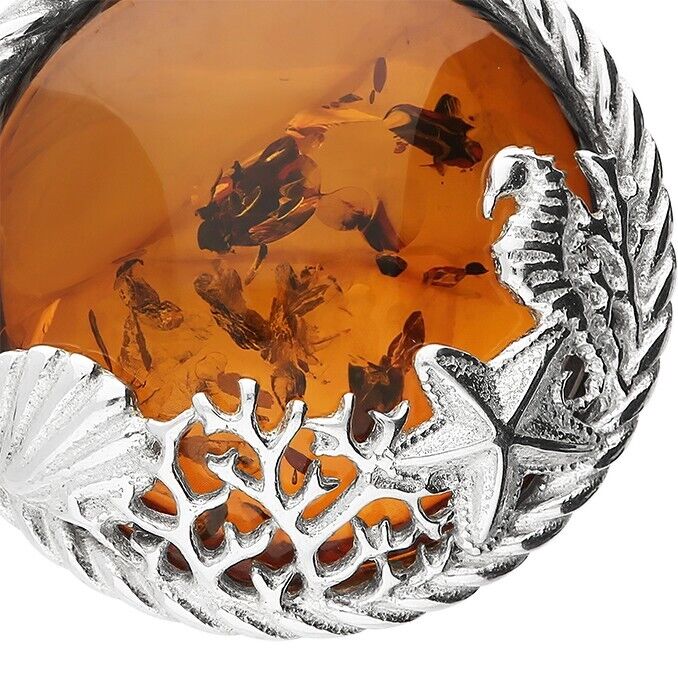 Cognac Amber Sea Life Pendant and Earrings Set Solid Sterling Silver 925