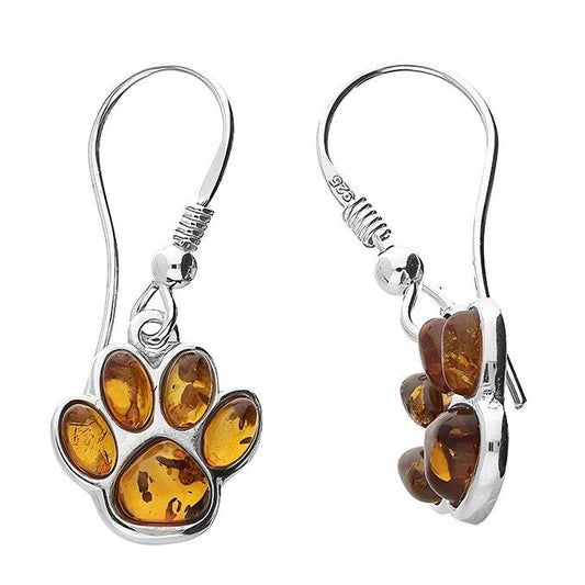 Cognac Amber Paw Drop Earrings Solid Sterling Silver 925