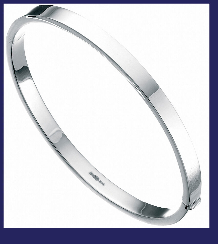 Bangle Solid Silver Plain Flat Bracelet Hinged Ladies Sterling Silver