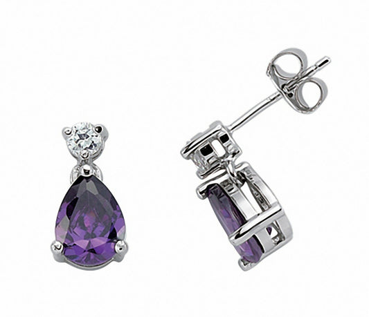 Amethyst Pear Drop Earrings Solid Sterling Silver Rhodium Plated 925 Hallmark