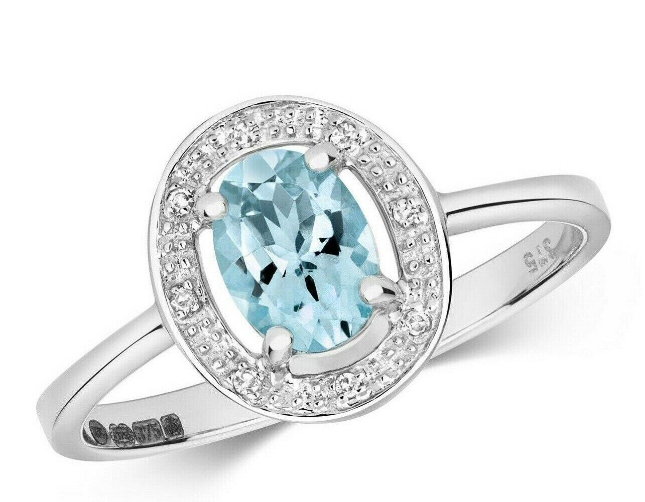 Real Aquamarine and Diamond Ring Solid White Gold Oval Halo Cluster Size J-Q