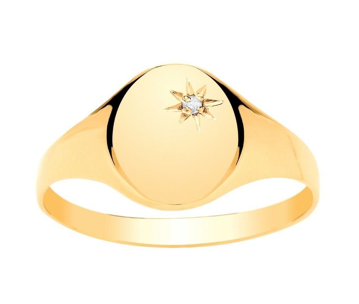 Ladies Diamond Signet Ring Solid 9ct Yellow Gold Oval Fully Hallmarked