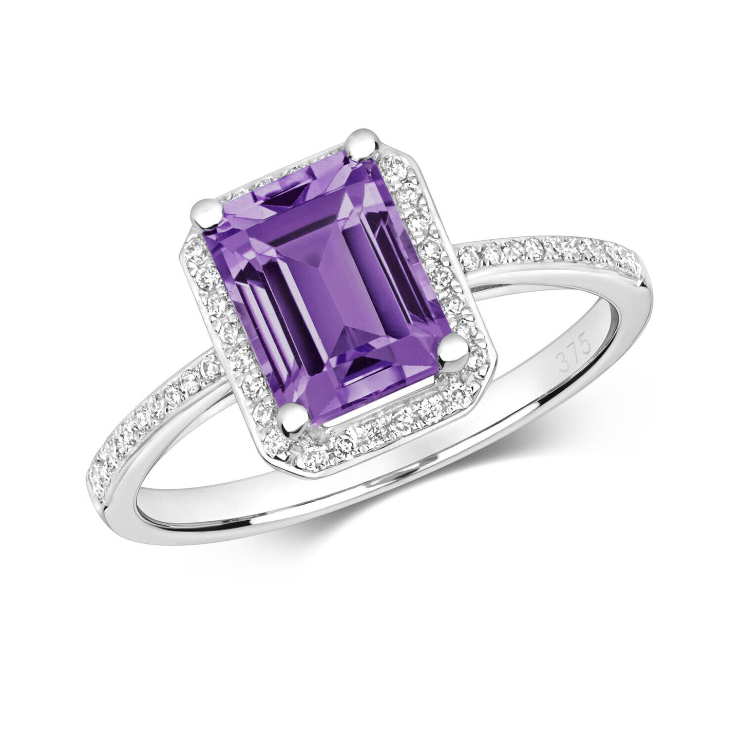 Real Amethyst and Diamond Ring 9ct White Gold Emerald Cut Engagement Size J - Q