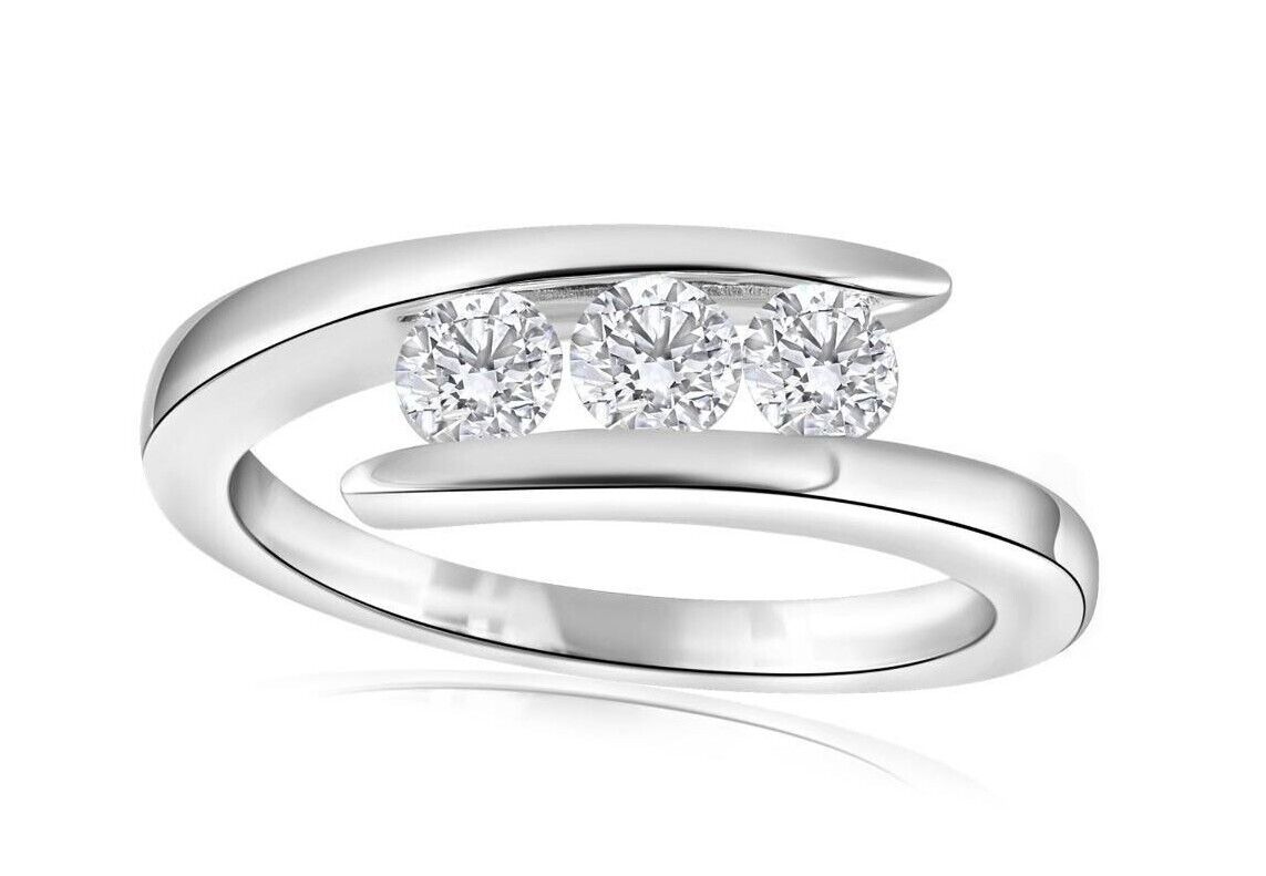 Real Diamond Trilogy Twist Ring Three Stone 9ct White Gold 0.50 Carat Weight