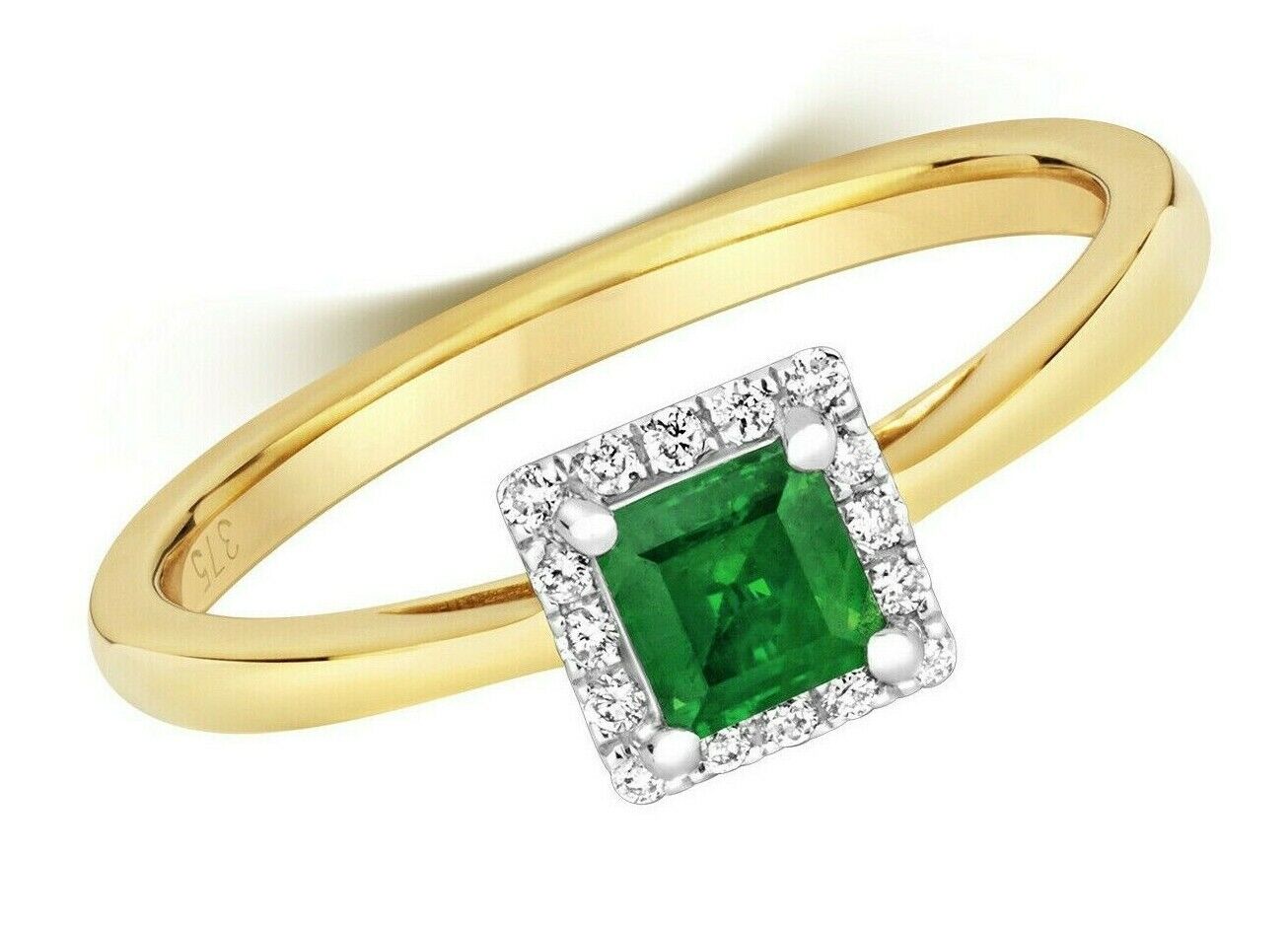 Real Emerald and Diamond Ring 9ct Yellow Gold Square Cluster Engagement