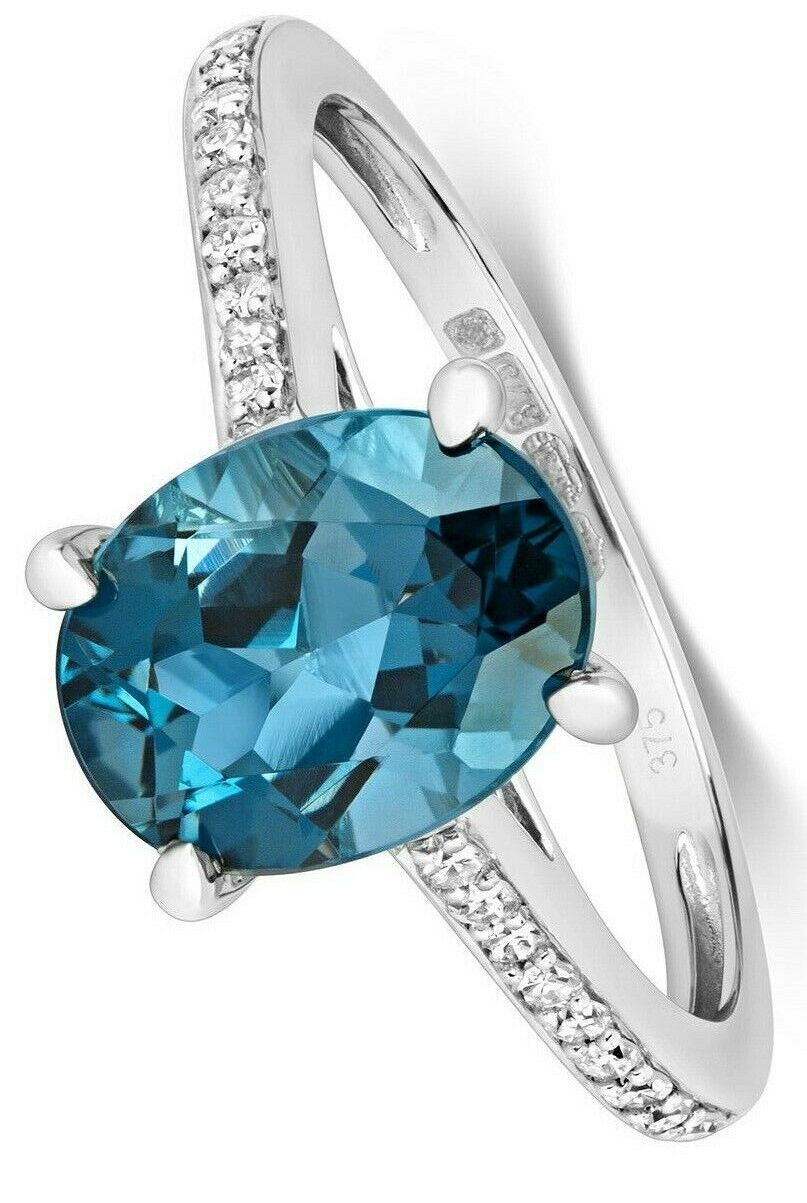 Real London Blue Topaz and Diamond Ring Solid White Gold Solitaire Size JKLMNOPQ