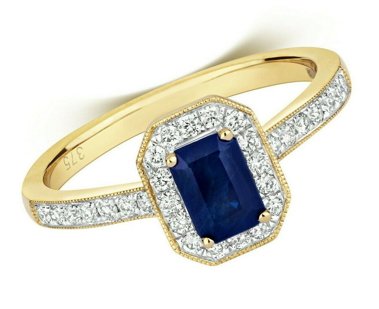 Real Sapphire and Diamond Ring 9ct Yellow Gold Octagon Cluster Size J-Q