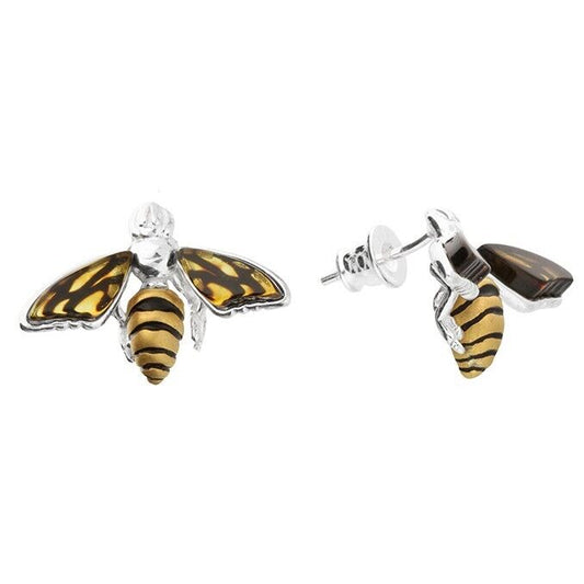 Striking Amber Bee Stud Earrings Solid Sterling Silver 925