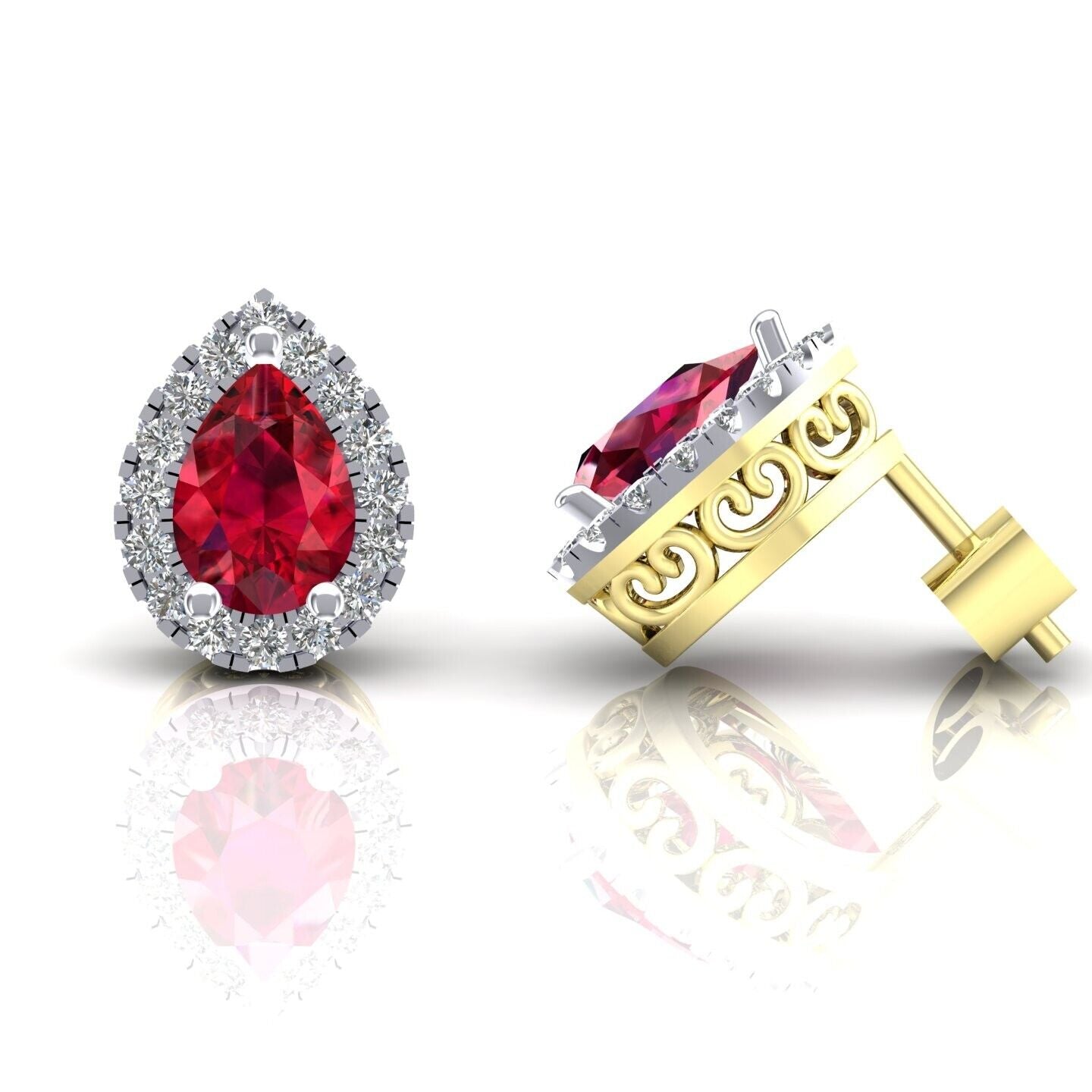 Ruby Pear Cluster Stud Earrings Solid 9ct Yellow Gold Hallmarked