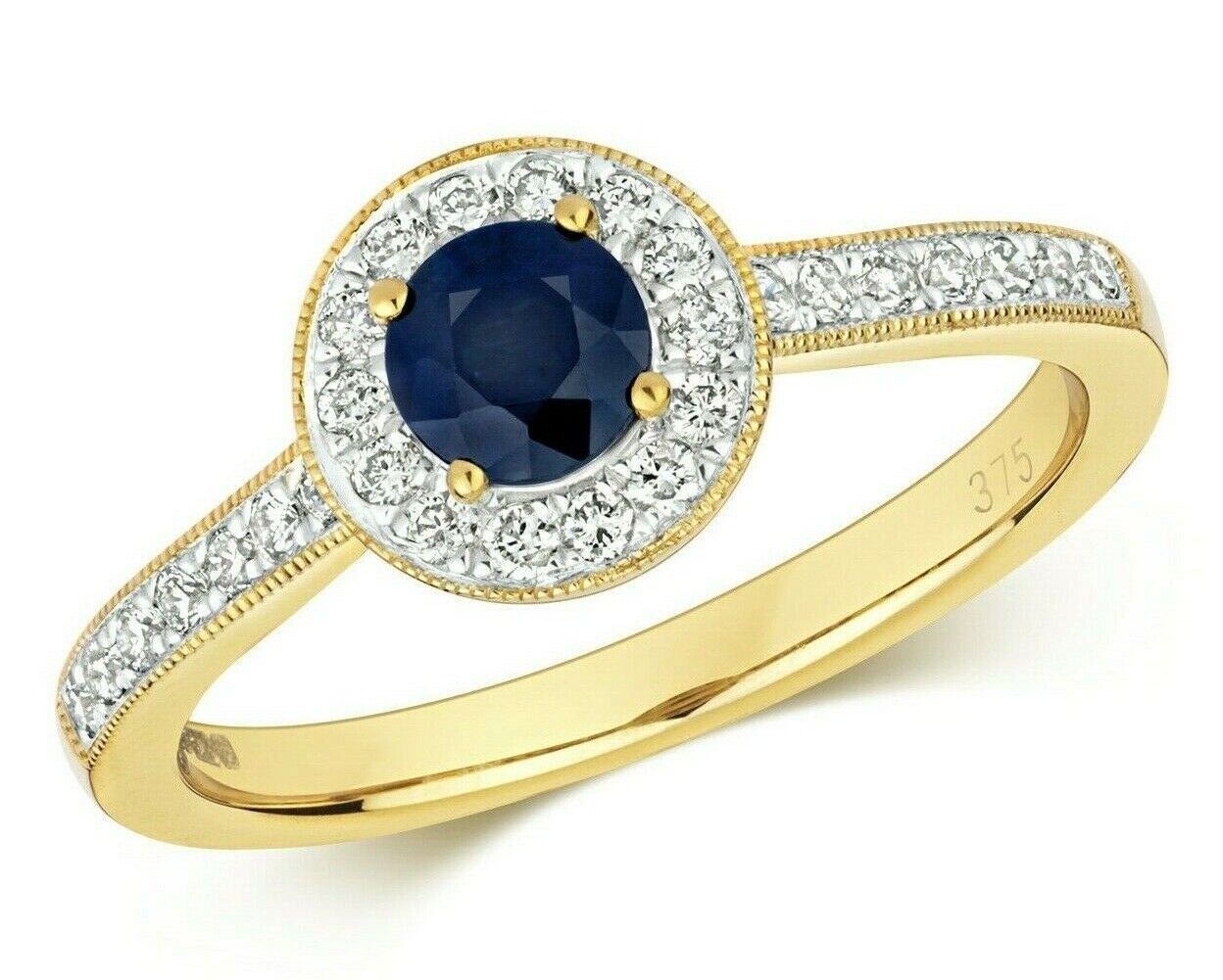 Real Sapphire and Diamond Ring 9ct Yellow Gold Round Cluster Halo Engagement
